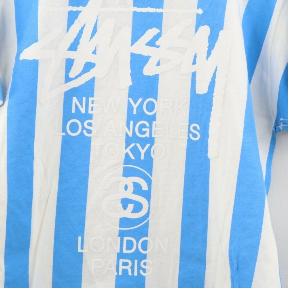 NOS Vintage Stussy Striped World Wide Shirt Blue - Picture 4 of 10